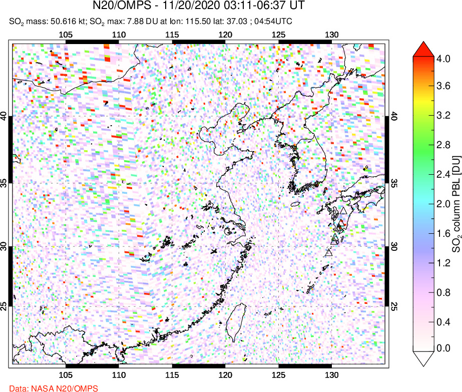 A sulfur dioxide image over Eastern China on Nov 20, 2020.