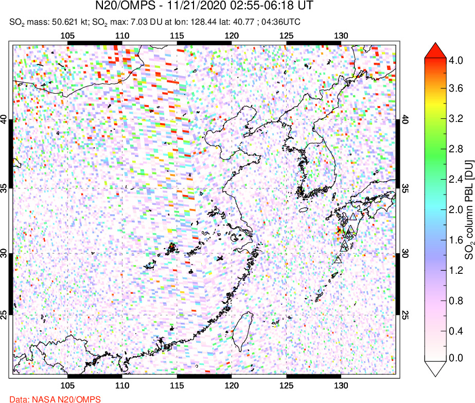 A sulfur dioxide image over Eastern China on Nov 21, 2020.