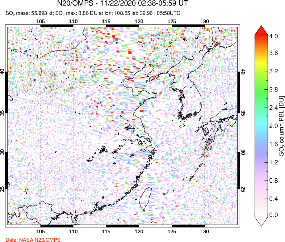 A sulfur dioxide image over Eastern China on Nov 22, 2020.