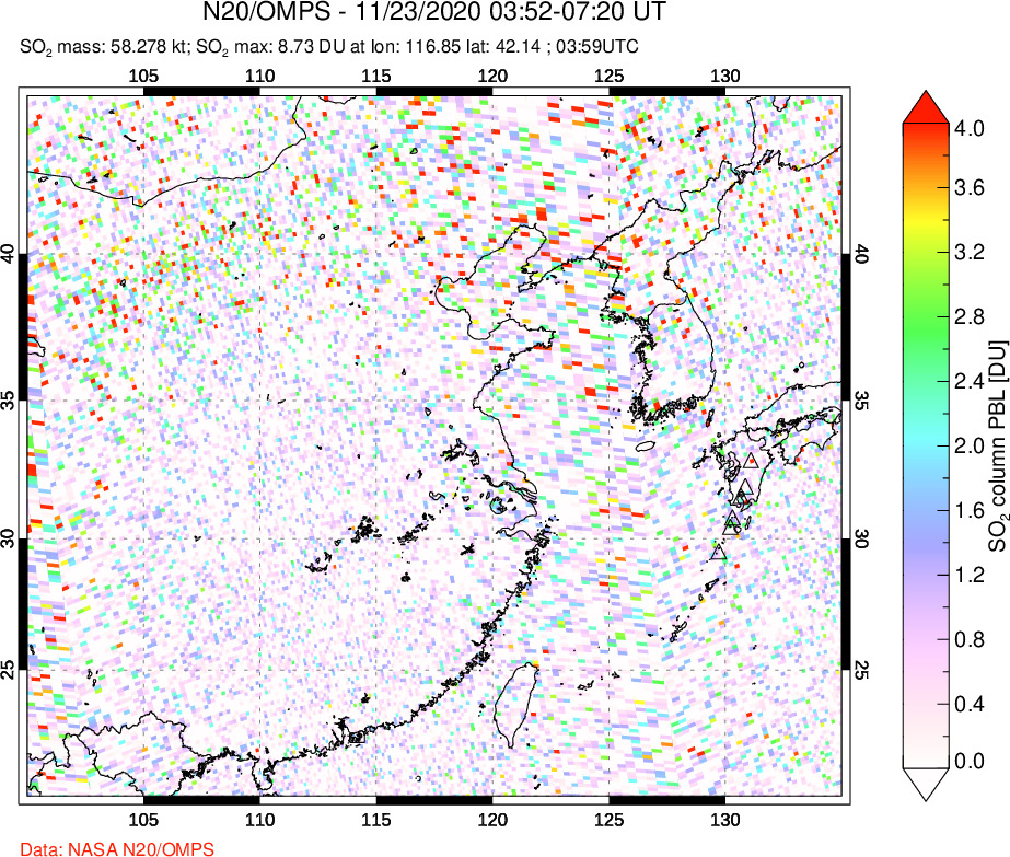 A sulfur dioxide image over Eastern China on Nov 23, 2020.