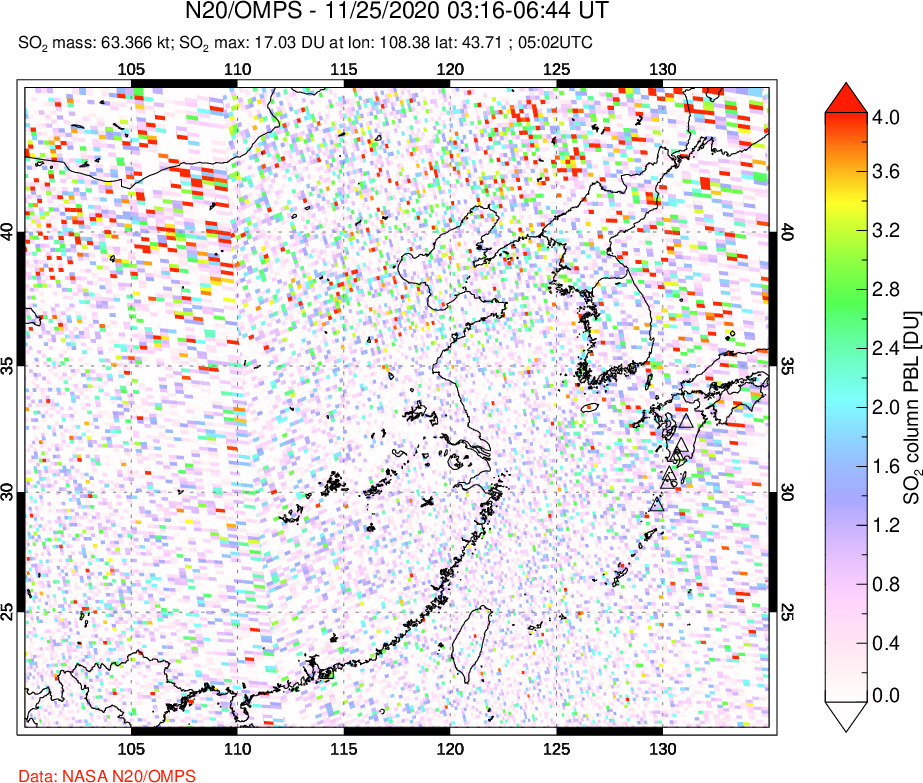 A sulfur dioxide image over Eastern China on Nov 25, 2020.