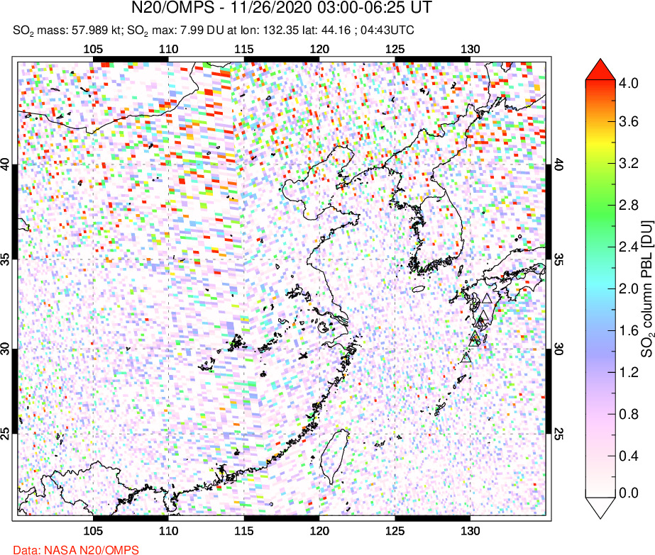 A sulfur dioxide image over Eastern China on Nov 26, 2020.