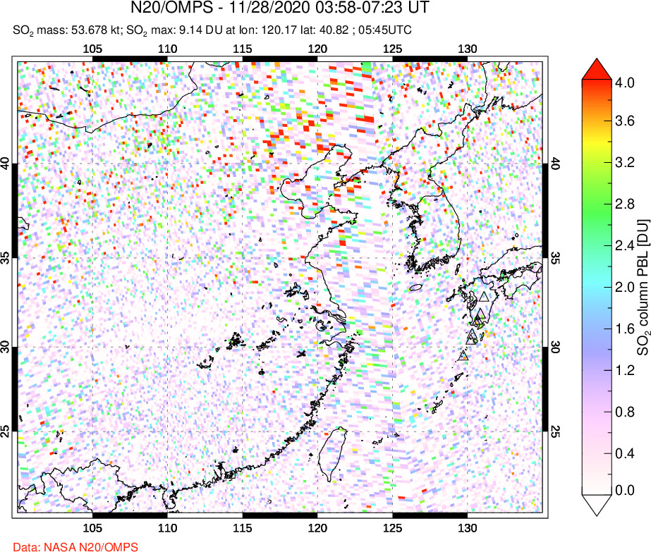 A sulfur dioxide image over Eastern China on Nov 28, 2020.