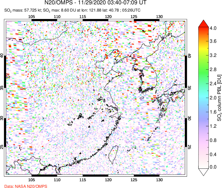 A sulfur dioxide image over Eastern China on Nov 29, 2020.