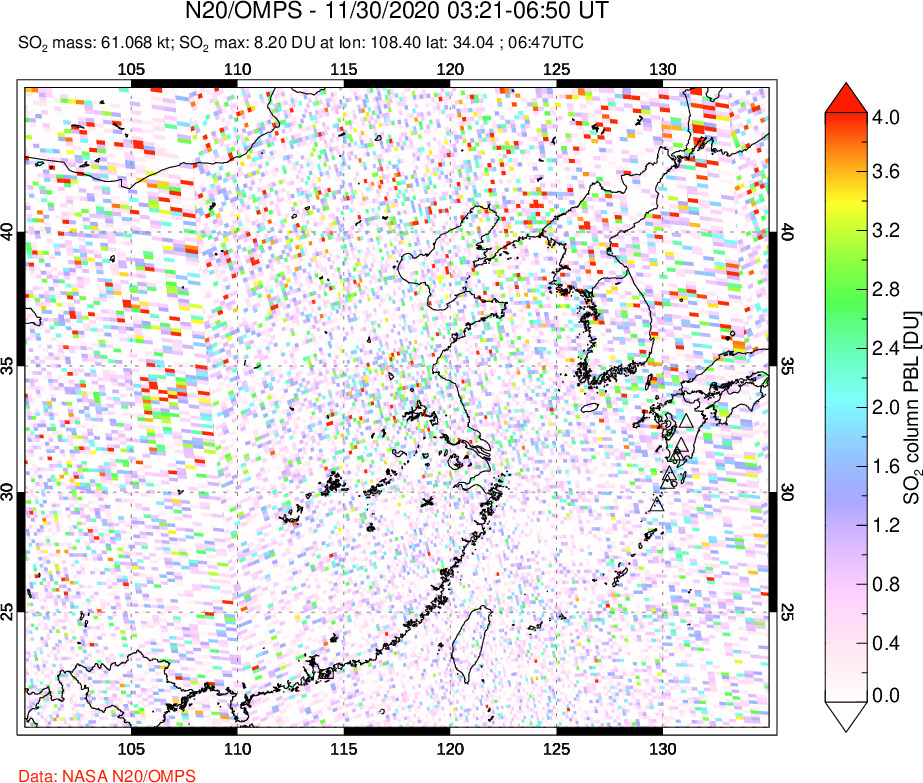 A sulfur dioxide image over Eastern China on Nov 30, 2020.
