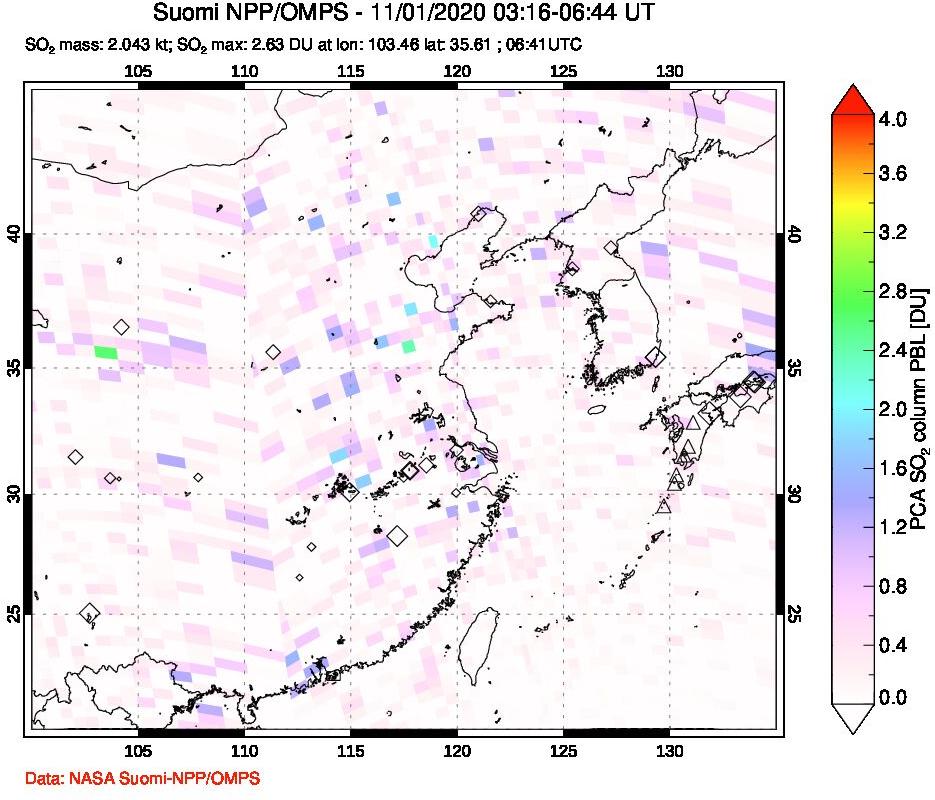 A sulfur dioxide image over Eastern China on Nov 01, 2020.