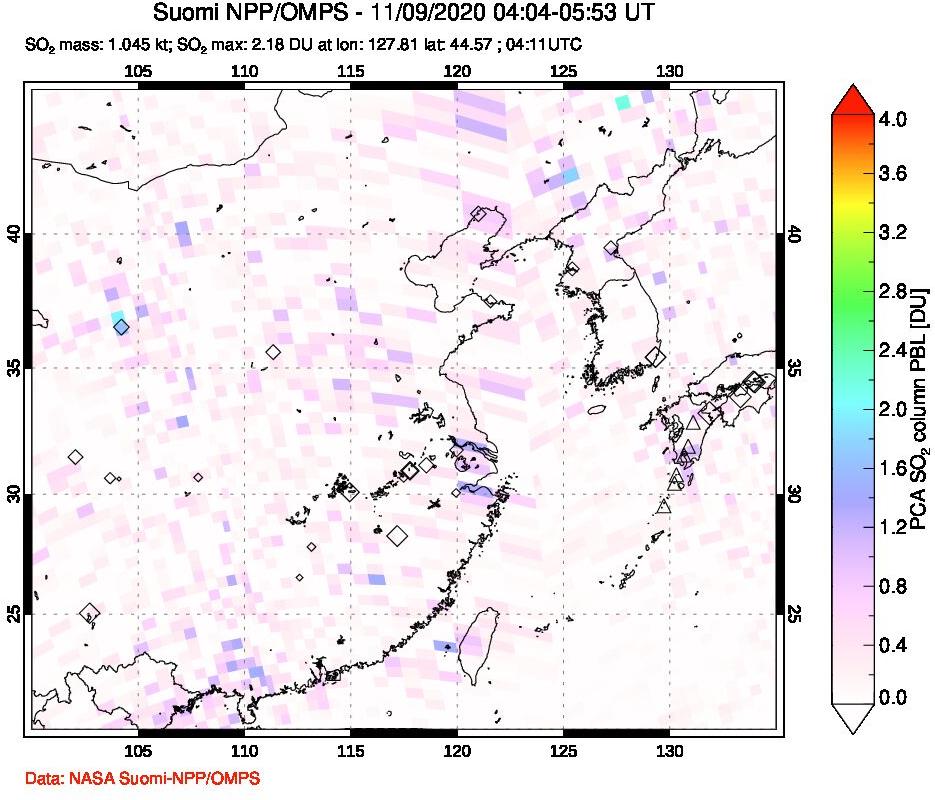 A sulfur dioxide image over Eastern China on Nov 09, 2020.