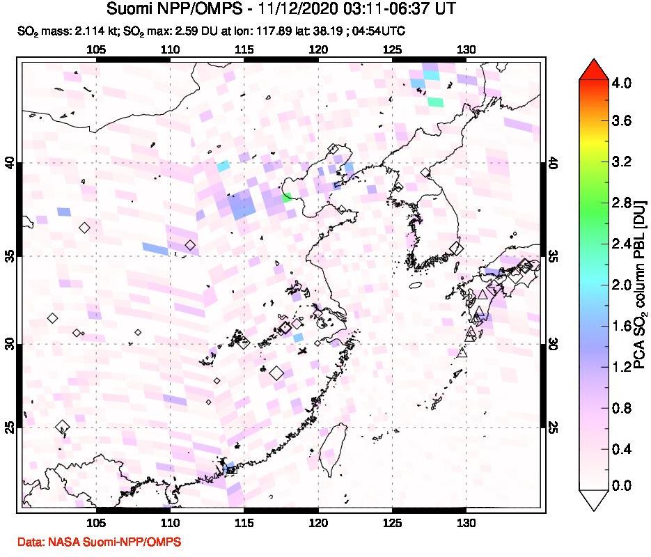 A sulfur dioxide image over Eastern China on Nov 12, 2020.