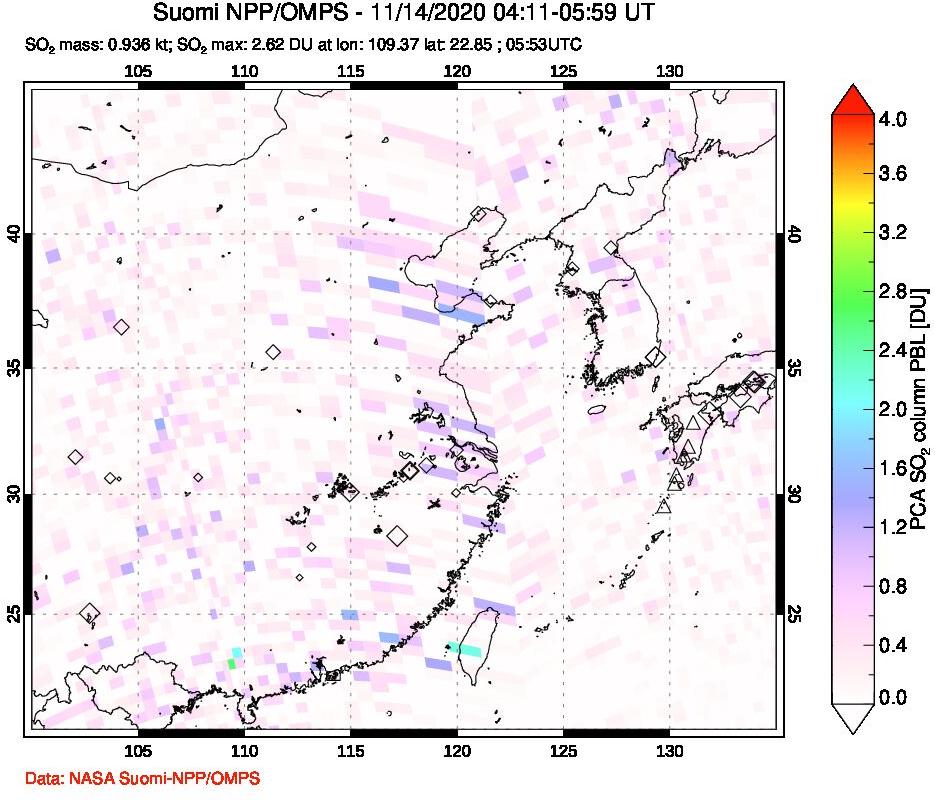 A sulfur dioxide image over Eastern China on Nov 14, 2020.