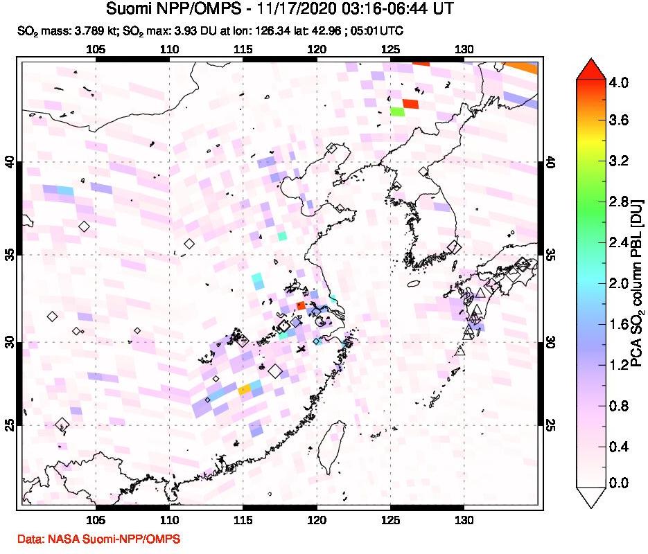 A sulfur dioxide image over Eastern China on Nov 17, 2020.