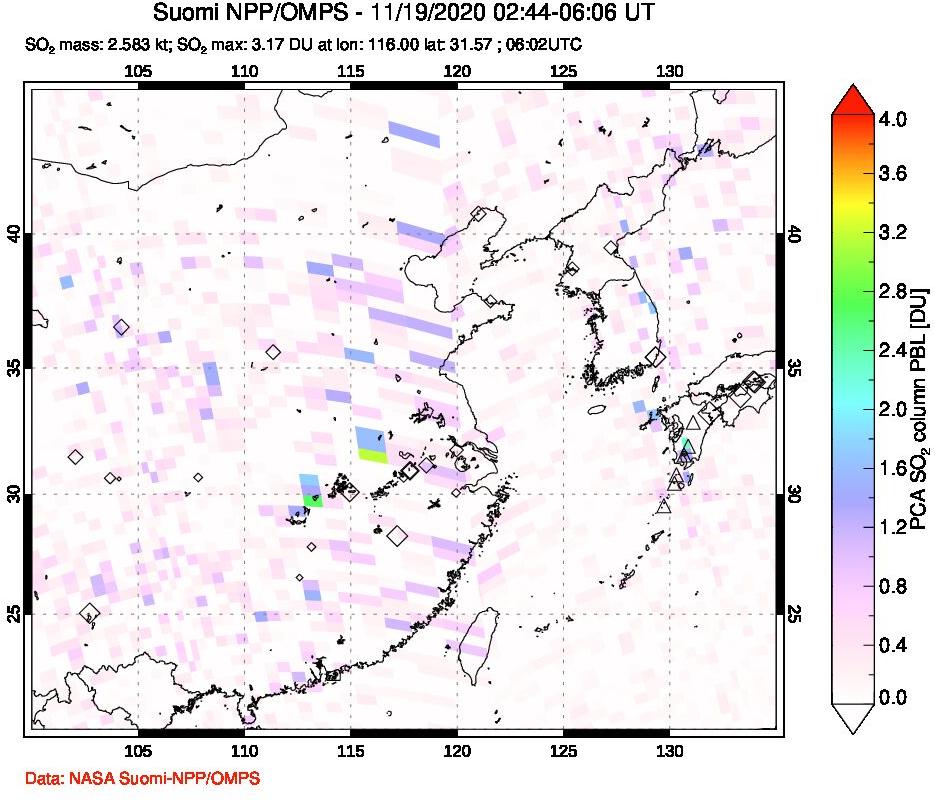 A sulfur dioxide image over Eastern China on Nov 19, 2020.