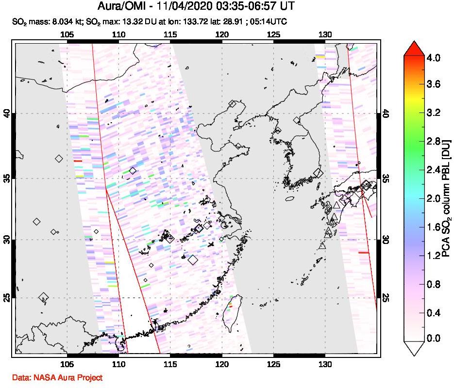 A sulfur dioxide image over Eastern China on Nov 04, 2020.