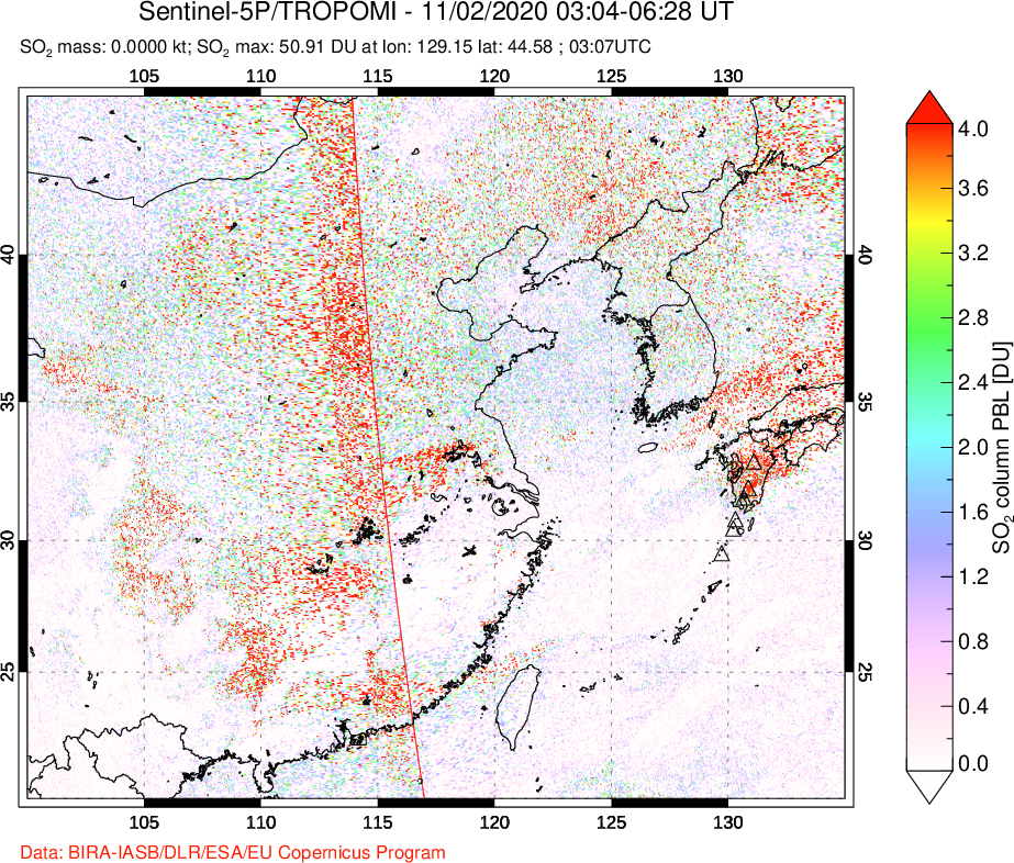 A sulfur dioxide image over Eastern China on Nov 02, 2020.