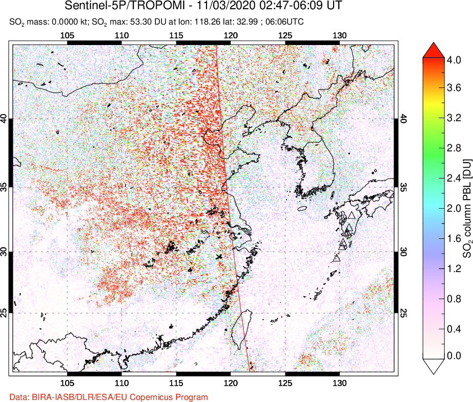 A sulfur dioxide image over Eastern China on Nov 03, 2020.