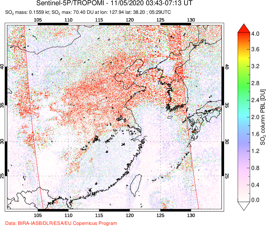 A sulfur dioxide image over Eastern China on Nov 05, 2020.