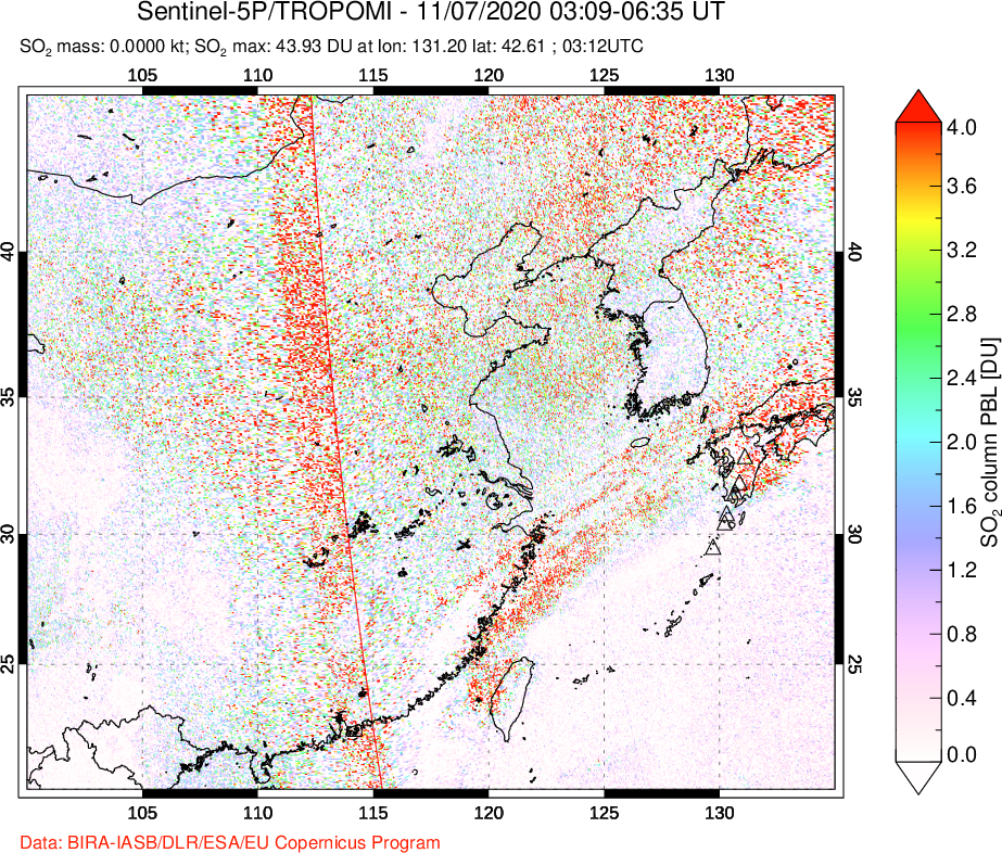 A sulfur dioxide image over Eastern China on Nov 07, 2020.