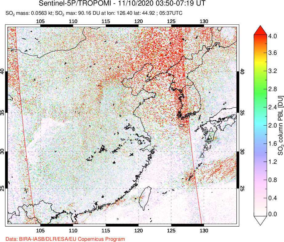 A sulfur dioxide image over Eastern China on Nov 10, 2020.