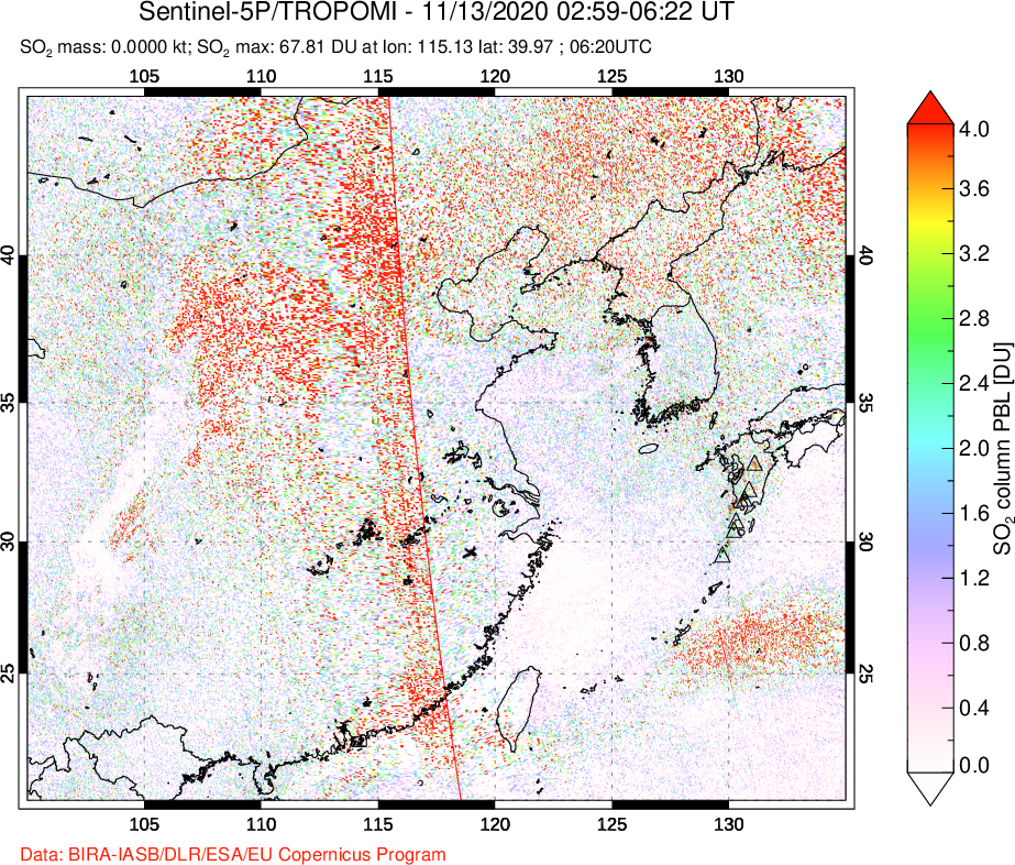 A sulfur dioxide image over Eastern China on Nov 13, 2020.