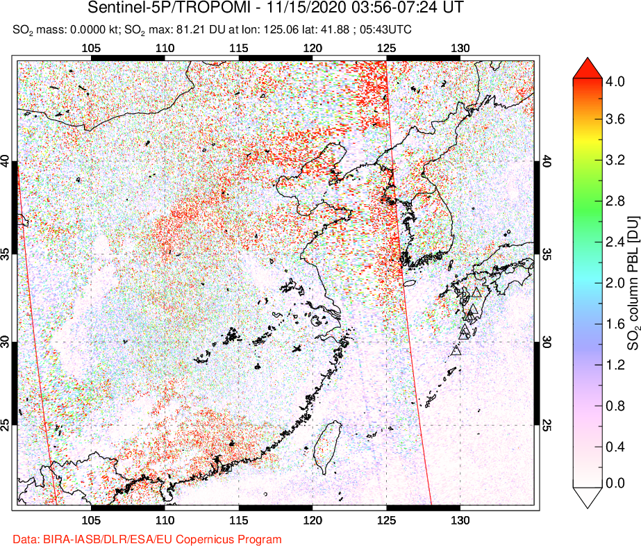 A sulfur dioxide image over Eastern China on Nov 15, 2020.