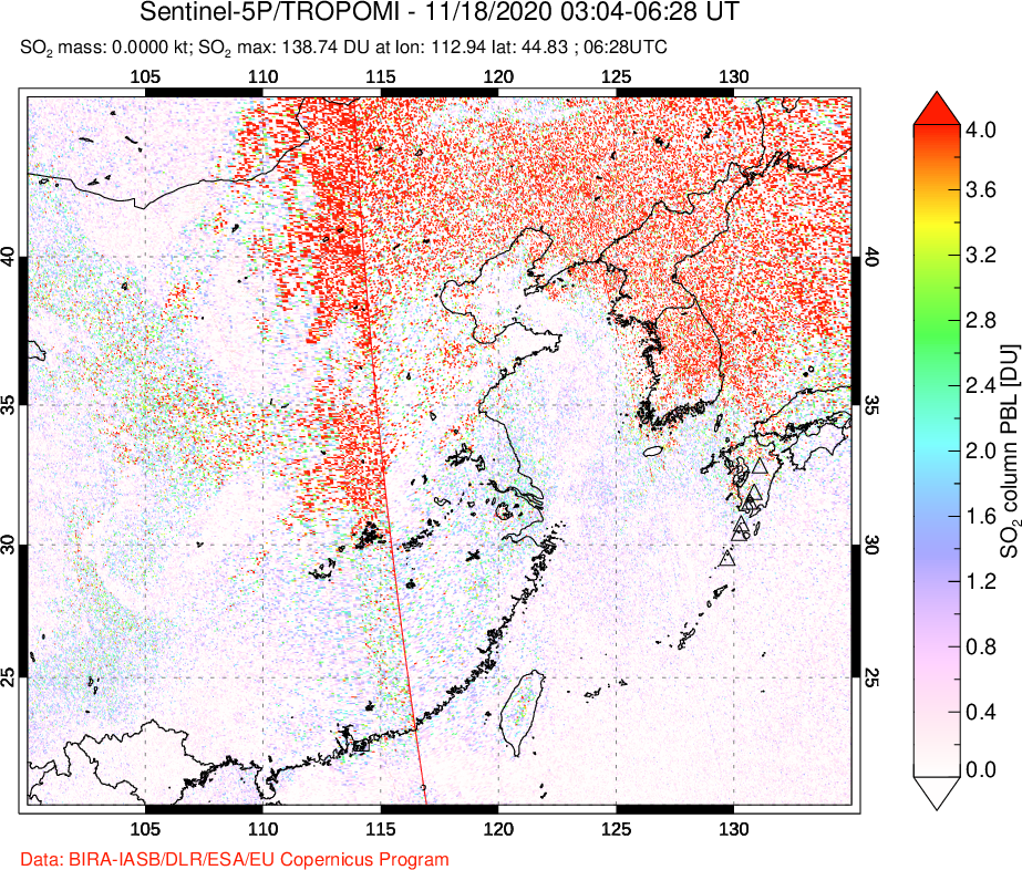 A sulfur dioxide image over Eastern China on Nov 18, 2020.