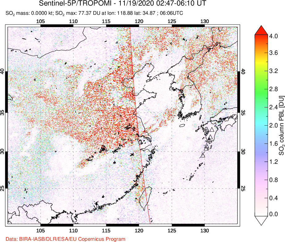A sulfur dioxide image over Eastern China on Nov 19, 2020.