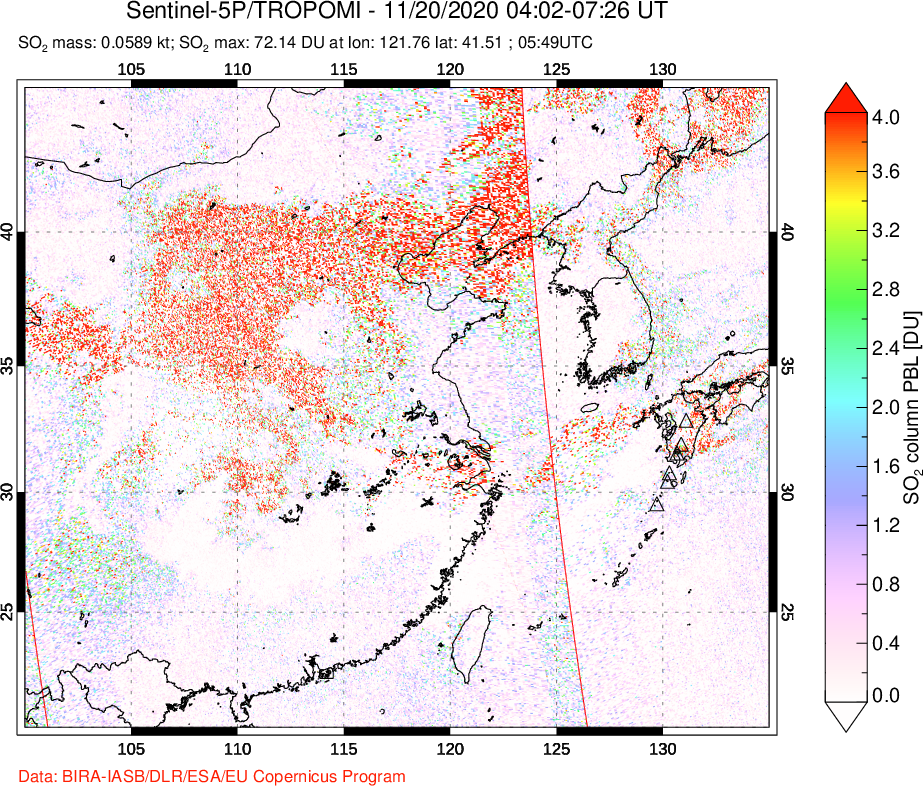 A sulfur dioxide image over Eastern China on Nov 20, 2020.