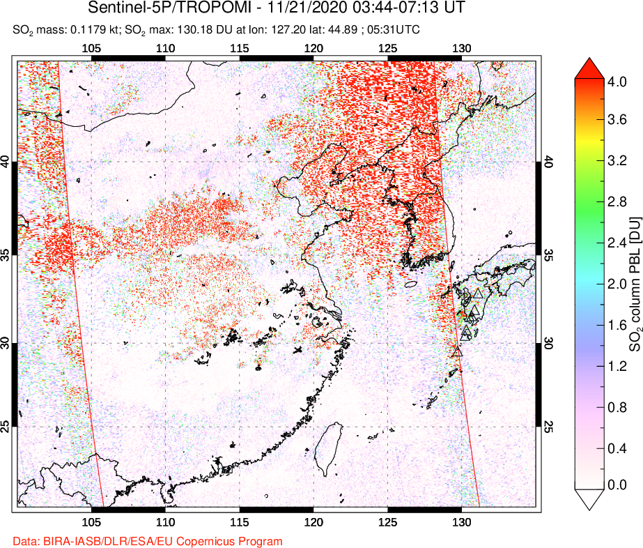 A sulfur dioxide image over Eastern China on Nov 21, 2020.