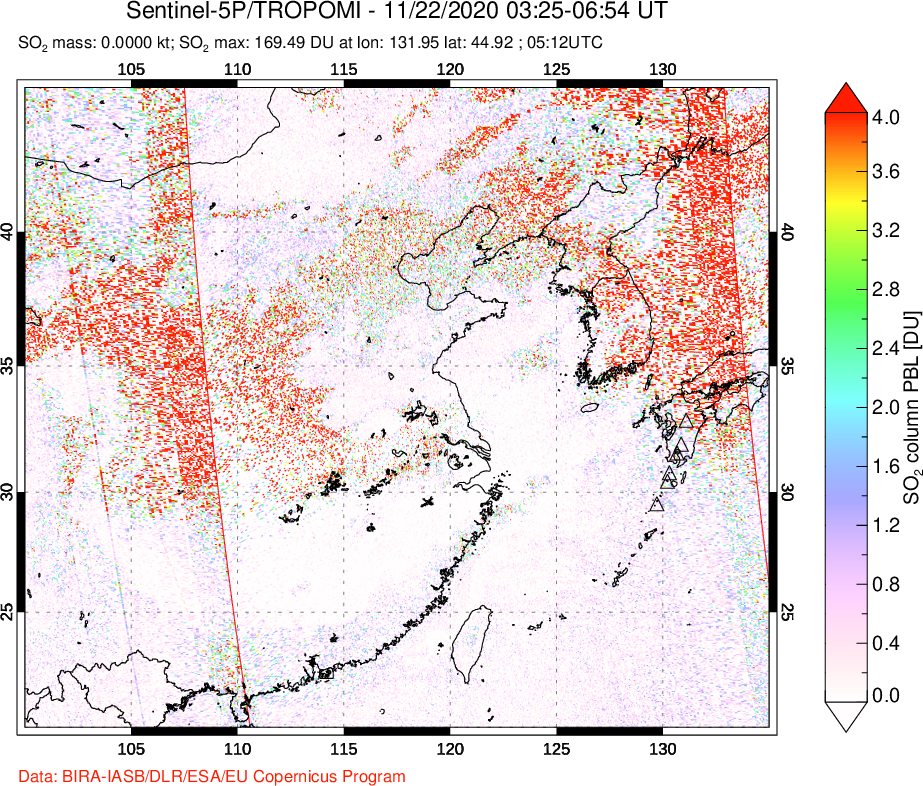A sulfur dioxide image over Eastern China on Nov 22, 2020.