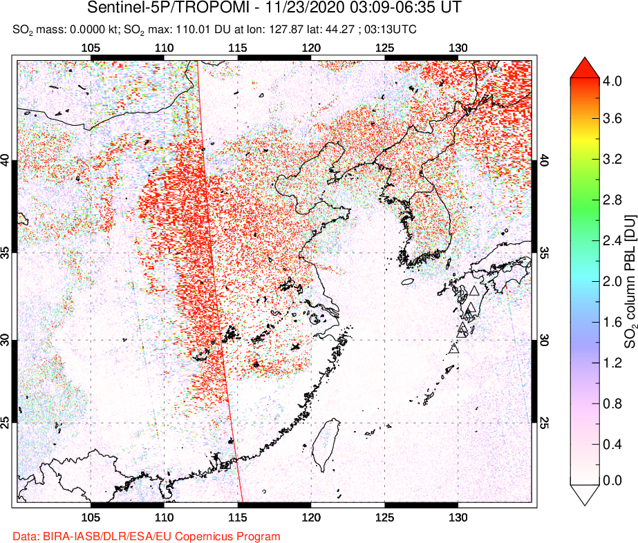 A sulfur dioxide image over Eastern China on Nov 23, 2020.