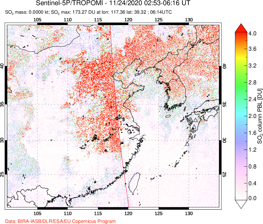 A sulfur dioxide image over Eastern China on Nov 24, 2020.