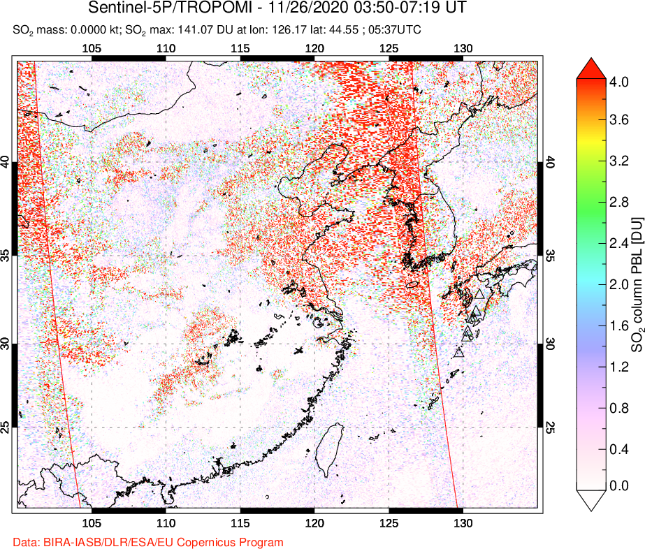 A sulfur dioxide image over Eastern China on Nov 26, 2020.