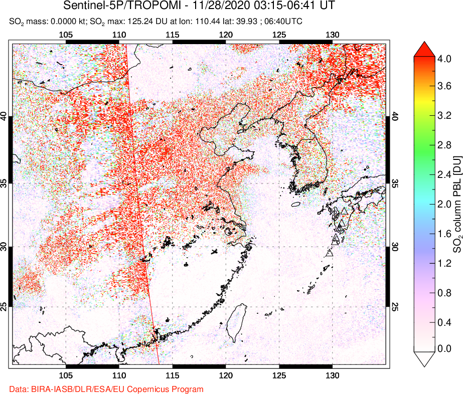 A sulfur dioxide image over Eastern China on Nov 28, 2020.