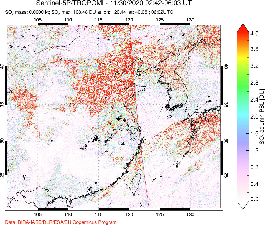 A sulfur dioxide image over Eastern China on Nov 30, 2020.