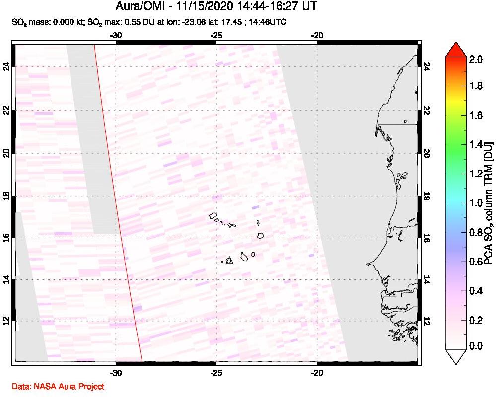 A sulfur dioxide image over Cape Verde Islands on Nov 15, 2020.