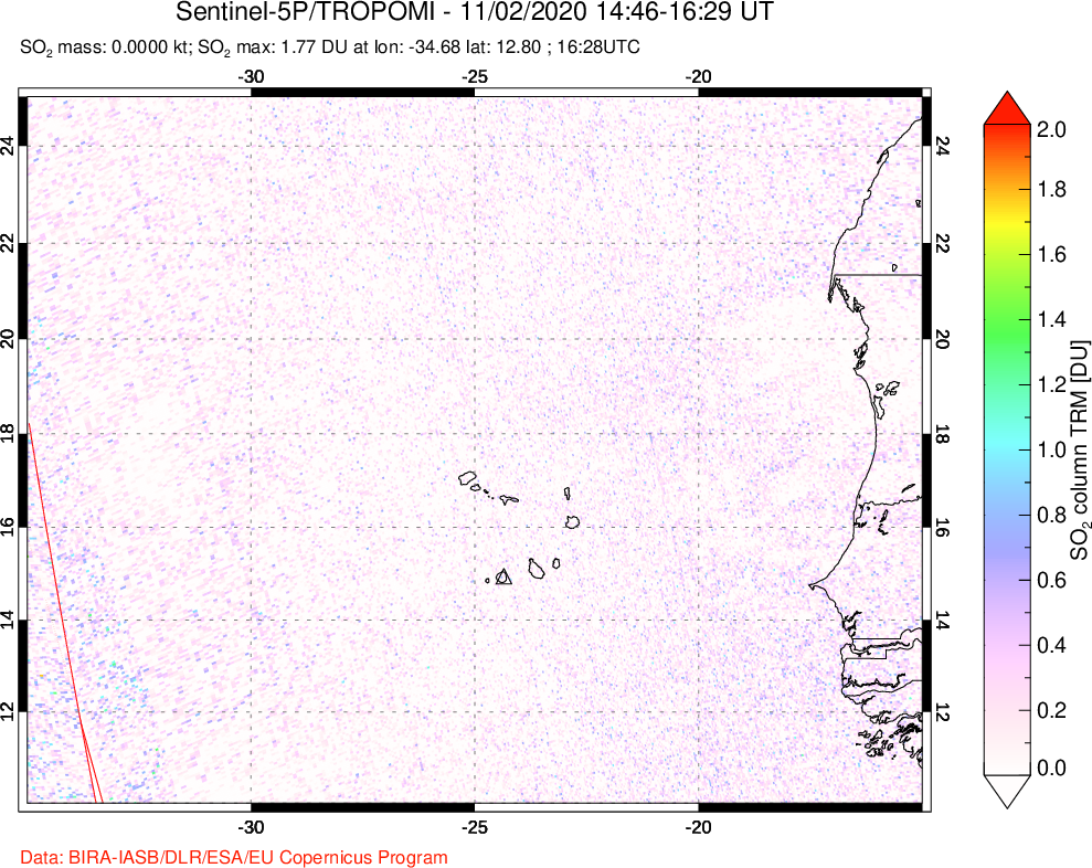 A sulfur dioxide image over Cape Verde Islands on Nov 02, 2020.