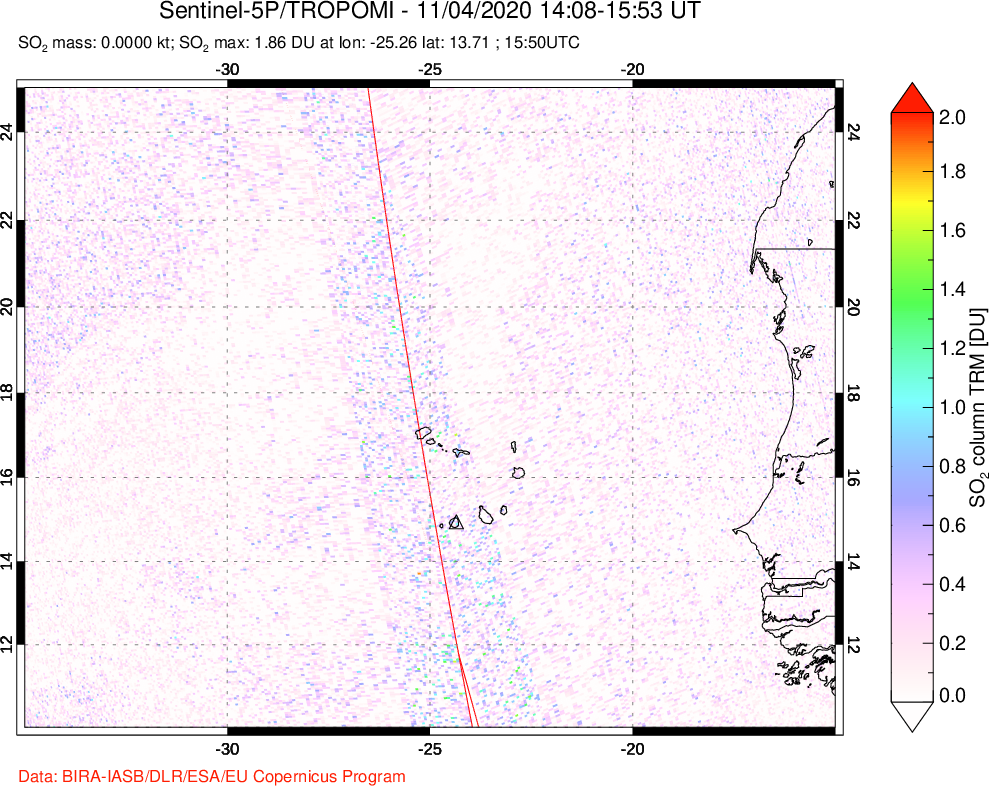 A sulfur dioxide image over Cape Verde Islands on Nov 04, 2020.