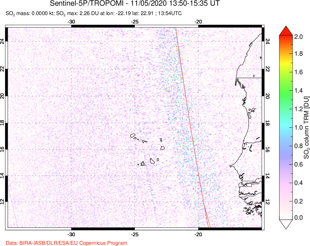 A sulfur dioxide image over Cape Verde Islands on Nov 05, 2020.