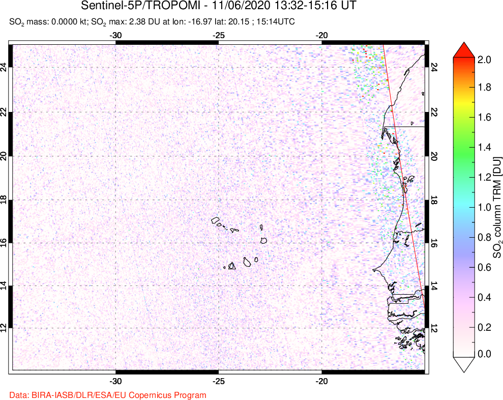 A sulfur dioxide image over Cape Verde Islands on Nov 06, 2020.