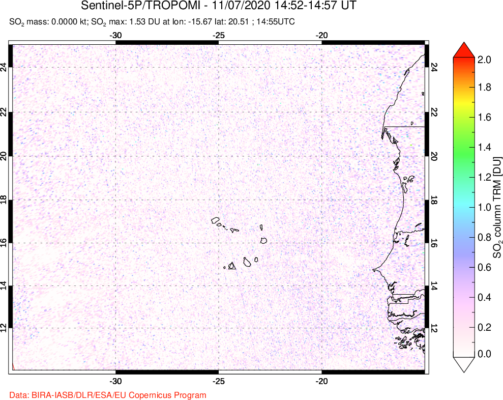 A sulfur dioxide image over Cape Verde Islands on Nov 07, 2020.