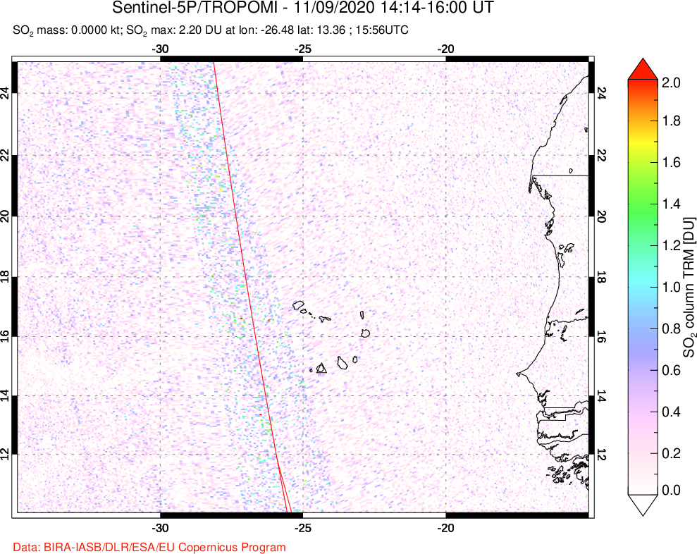 A sulfur dioxide image over Cape Verde Islands on Nov 09, 2020.