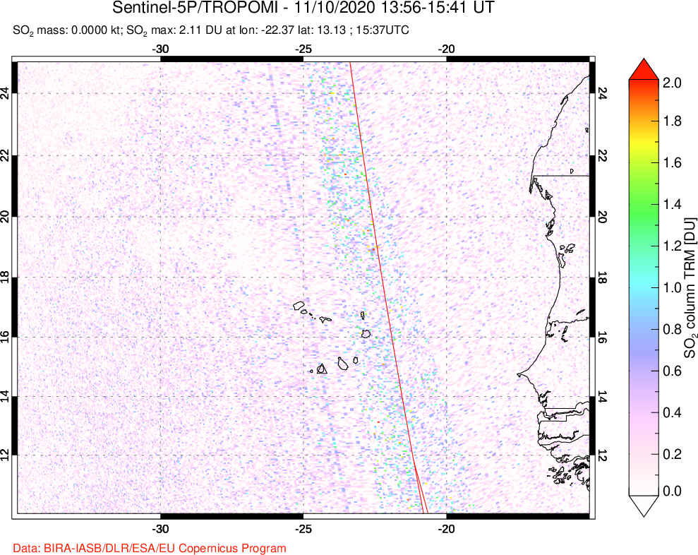 A sulfur dioxide image over Cape Verde Islands on Nov 10, 2020.