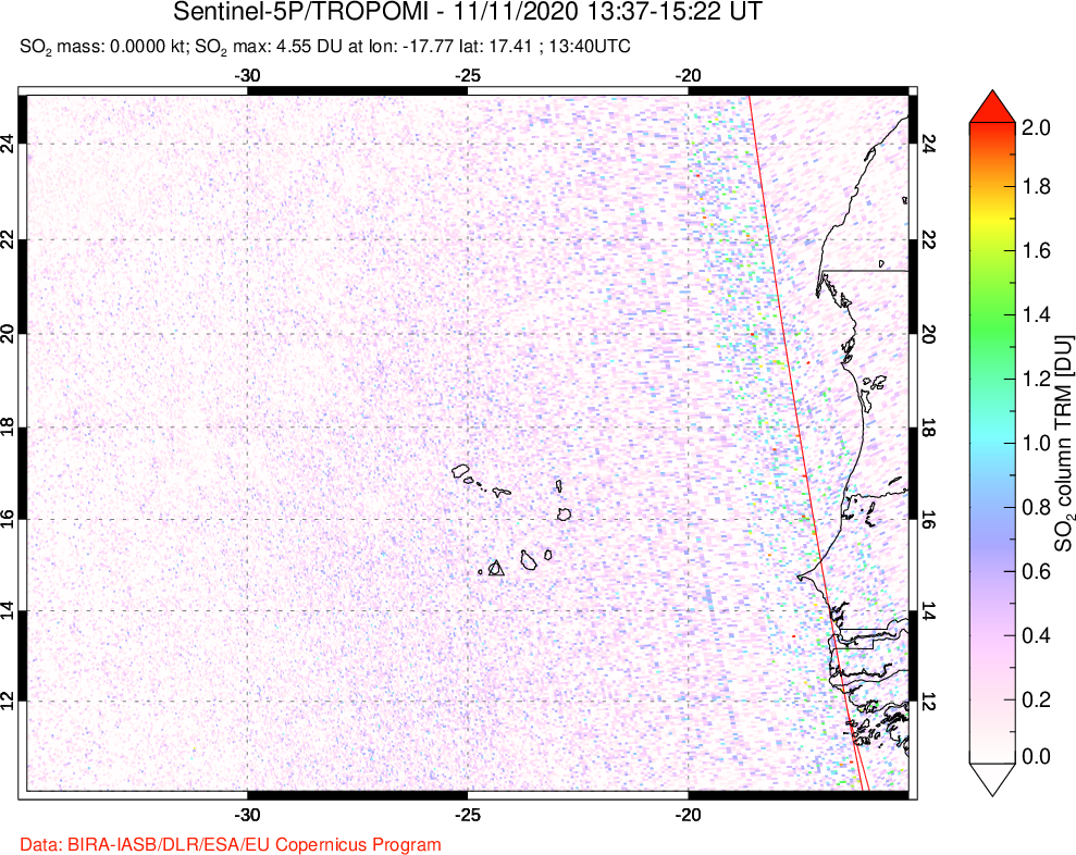 A sulfur dioxide image over Cape Verde Islands on Nov 11, 2020.