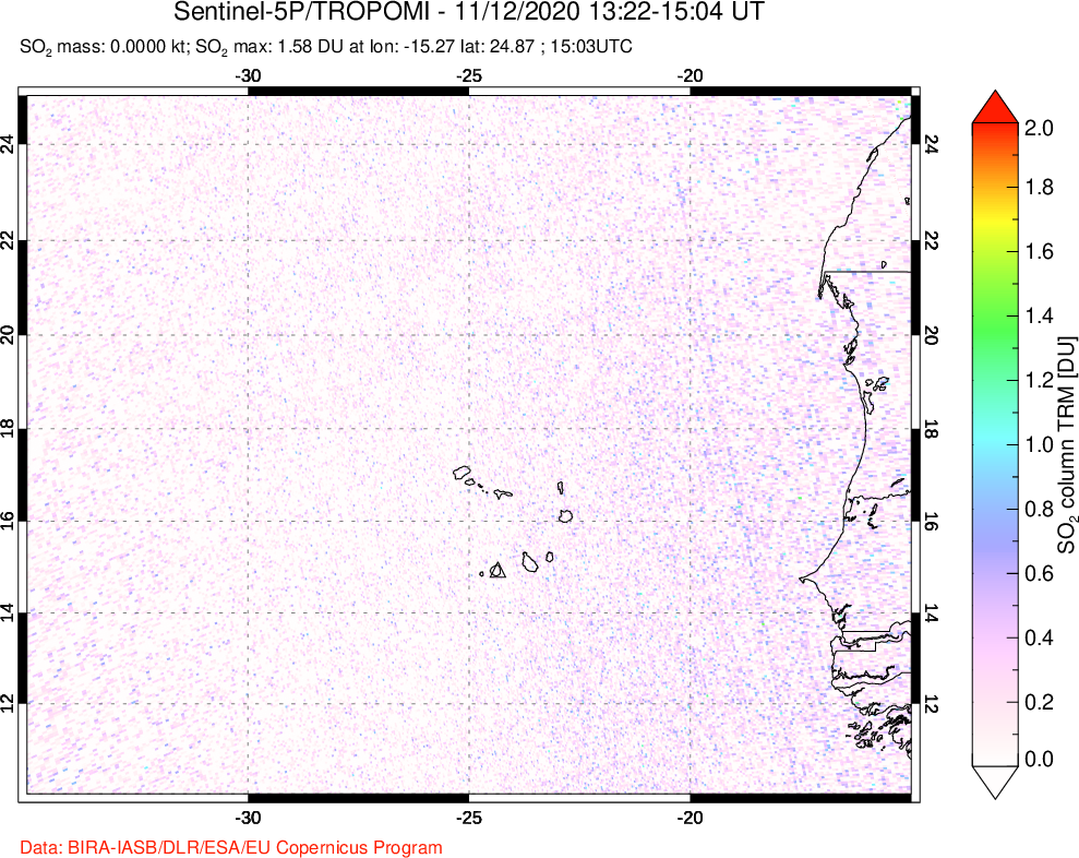 A sulfur dioxide image over Cape Verde Islands on Nov 12, 2020.