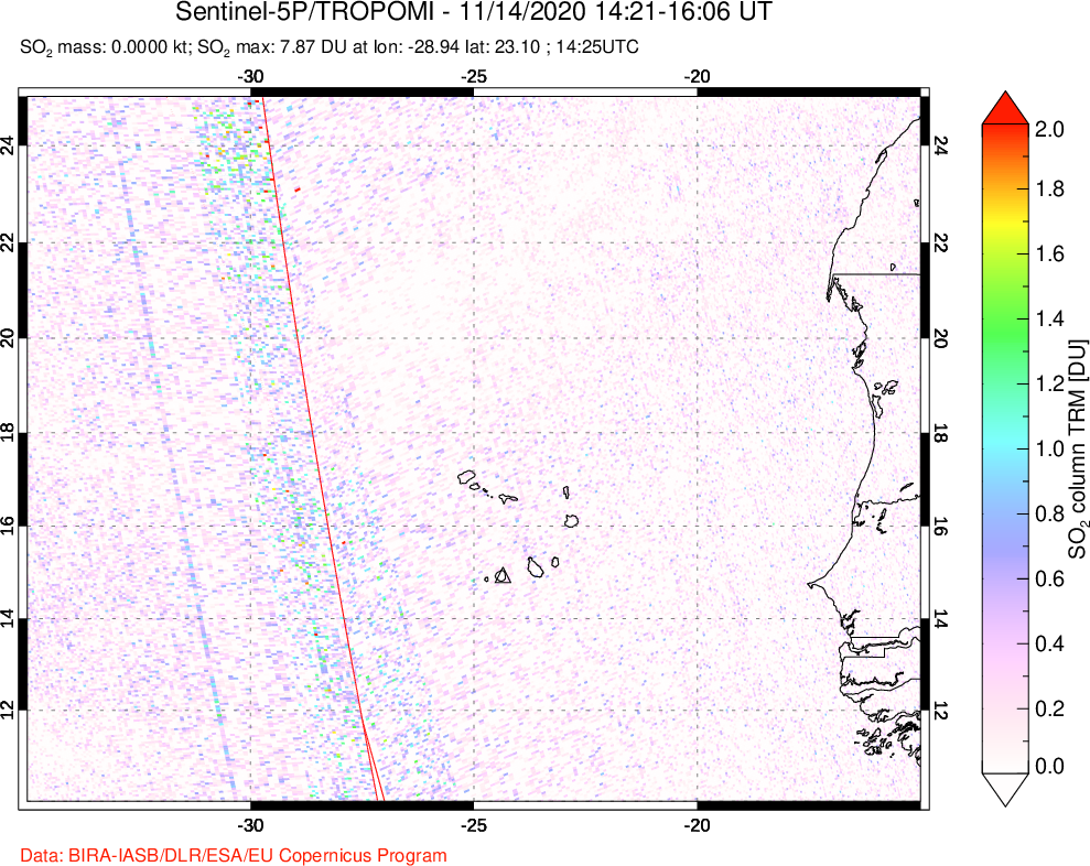 A sulfur dioxide image over Cape Verde Islands on Nov 14, 2020.