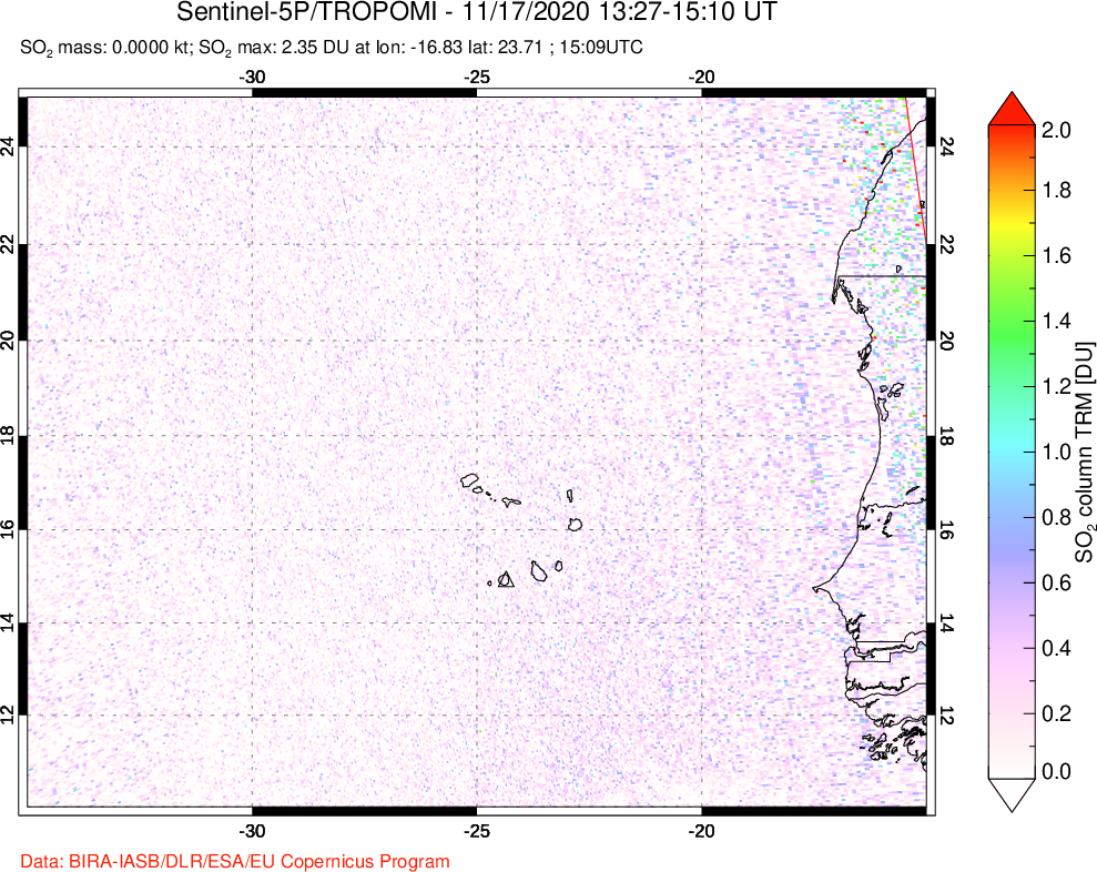 A sulfur dioxide image over Cape Verde Islands on Nov 17, 2020.