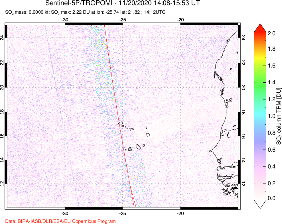 A sulfur dioxide image over Cape Verde Islands on Nov 20, 2020.