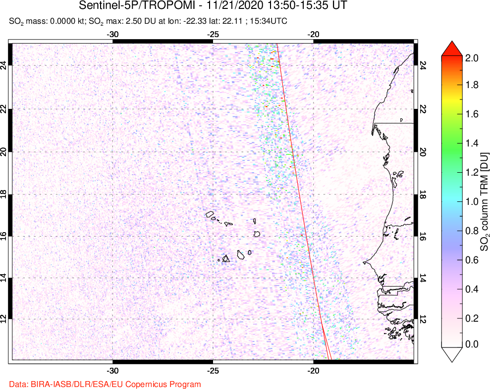 A sulfur dioxide image over Cape Verde Islands on Nov 21, 2020.