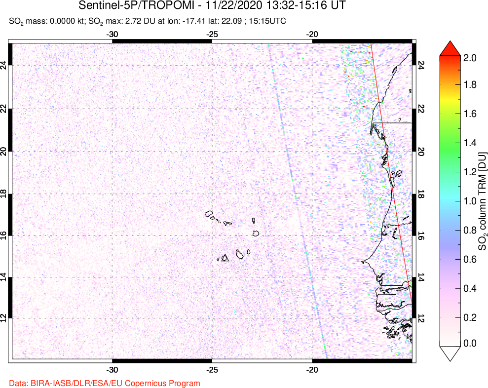 A sulfur dioxide image over Cape Verde Islands on Nov 22, 2020.