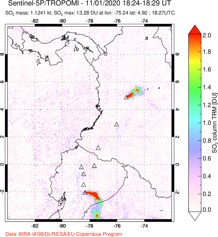 A sulfur dioxide image over Ecuador on Nov 01, 2020.