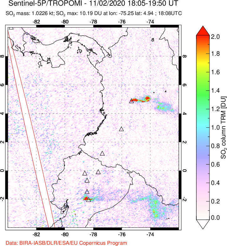 A sulfur dioxide image over Ecuador on Nov 02, 2020.